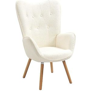 MEUBLE COSY Gestoffeerde stoel voor woonkamer met armleuningen, relaxstoel van bouclé-stof, met hoge rugleuning, houten poten voor slaapkamer, woonkamer, wit, 68 x 71 x 106 cm
