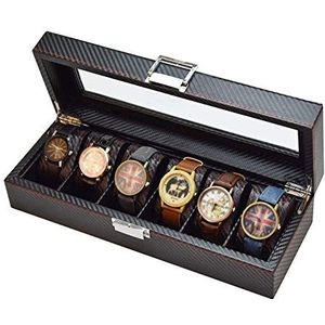 Horloge Opbergdoos 6 sleuven Horloge Display Houder Case Lederen Koolstofvezel Sieraden Armband Collectie Organizer met Glazen Deksel