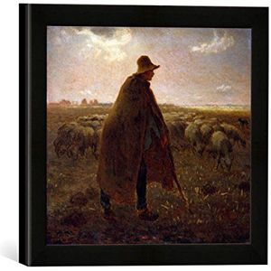 Ingelijste afbeelding van Jean-François Millet Schäfer met kudde bij zonsondergang, kunstdruk in hoogwaardige handgemaakte fotolijst, 30 x 30 cm, mat zwart