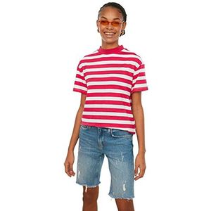 Trendyol Dames Roze Gestreept Basic Steep Collar Gebreide T-Shirt, L