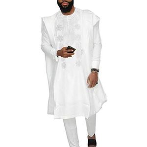 HD Afrikaanse kleding voor heren Agbada kleding borduurwerk Dashiki overhemden en broeken pakken 3-delig, Wit, XXL