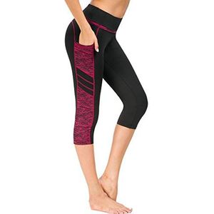 Flatik Sportlegging voor dames, met zakken, ondoorzichtige leggings, fitnessbroek, sportbroek, hardlooplegging, zwart/rood (3/4 capri), XS