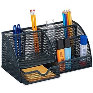 Relaxdays bureau organizer, metaal, met pennenbak & lade, HxBxD 13 x 28 x 14 cm, kantoor, grote pennenhouder, antraciet
