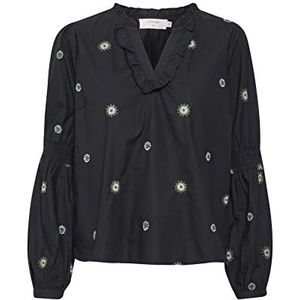 Cream Damesblouse geborduurd V-hals Frill Details, Pitch Black, 34