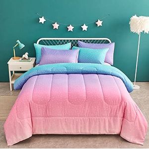 Yogeneg Zeemeermin regenboog dekbedset, tweepersoons voor tienermeisjes vrouwen, metallic ster maan bedrukt dekbed met kussensloop, ultrazachte microvezel 2-delige beddengoedset, alle seizoenen