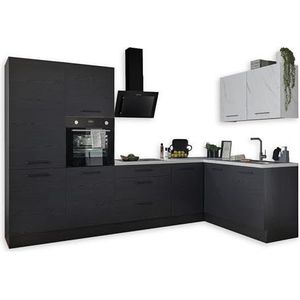 NEW YORK Moderne hoekkeuken zonder elektrische apparaten in grafiet zwart, marmerlook FSC-gecertificeerd - ruime kitchenette in L-vorm - 320 x 210 x 60 cm (b x h x d)