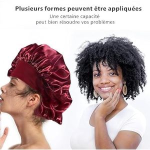 Cheerhom 2 stuks zijden motorkap om te slapen en 2 haarelastiekjes, satijnen haarkappen voor nacht dames, verstelbaar bonnet voor lang en kort haarverzorging, spa, slapen, masker (zwart, wijnrood)