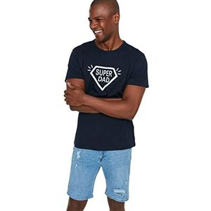 Trendyol Heren Slim Basic T-shirt met ronde hals, Donkerblauw, S