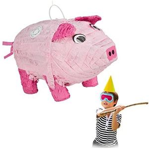 Relaxdays piñata varken, decoratie, kinderen, meisjes & jongens, verjaardag, papier, feestversiering, varkentje, roze