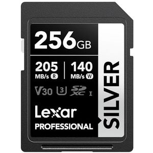 Lexar 256GB SD-kaart ZILVER, tot 205MB/s lezen, 140MB/s schrijven, SDXC UHS-i geheugenkaart, klasse 10, U3, V30, SD-kaart voor professionele fotografen, videografen, liefhebbers