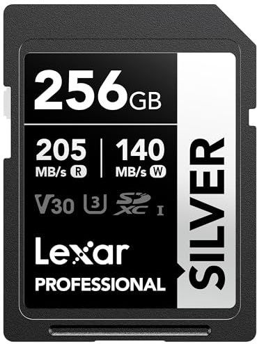 Lexar 256GB SD-kaart ZILVER, tot 205MB/s lezen, 140MB/s schrijven, SDXC UHS-i geheugenkaart, klasse 10, U3, V30, SD-kaart voor professionele fotografen, videografen, liefhebbers