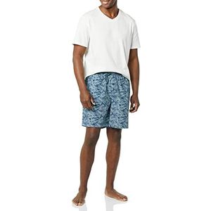 Amazon Essentials Katoenen popeline korte pyjamaset voor heren, katoenen pyjamaset, blauw palmblad/wit, klein