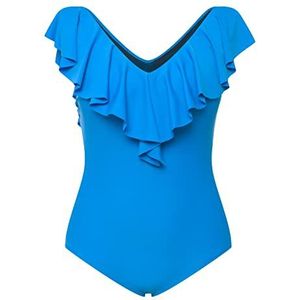 Ulla Popken Badpak voor dames, volant, V-hals, softcups, blauw (pauw), 52