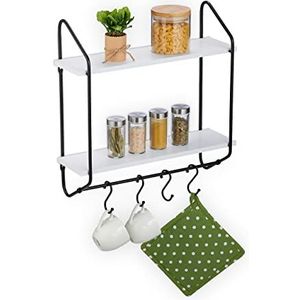 Relaxdays keukenrek hangend - wandrek met haken voor kopjes - smal hangrek met 2 planken