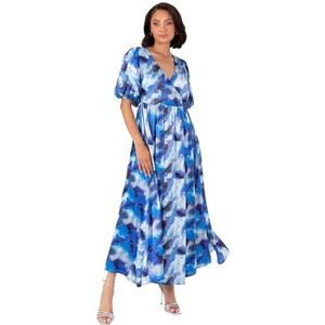 Lovedrobe Dames Midaxi Jurk Dames Satijn Korte Pofmouw V-hals Wrap A-lijn Bloemenprint Avondgelegenheid Bruiloft Gast, Blauw 20, Blauw, 46