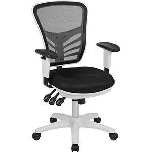 Flash Furniture Nicholas Mid-Back Zwart Mesh Multifunctionele Executive Swivel Ergonomische bureaustoel met verstelbare armen en wit frame