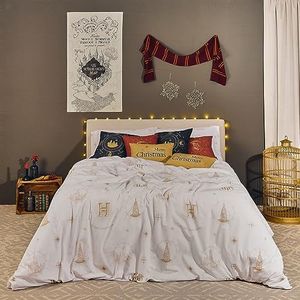 BELUM | Harry Potter dekbedovertrek met knopen, 50% katoen - 50% polyester, Hogwarts Gold Christmas 90 Model (155 x 220 cm)