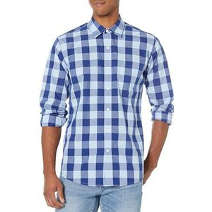 Amazon Essentials Men's Casual poplin overhemd met normale pasvorm en lange mouwen, Blauw Geruit, XS