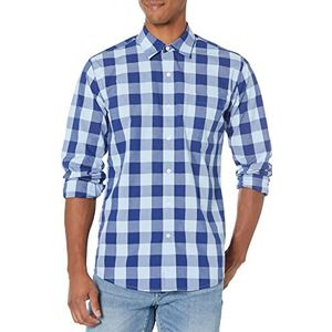 Amazon Essentials Men's Casual poplin overhemd met normale pasvorm en lange mouwen, Blauw Geruit, XS