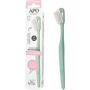 APO France - Tandenborstel – navulbaar – extra zacht – volwassenen – (1 handvat + 2 koppen) kleur nude of aqua willekeurig – plantaardige oorsprong – geproduceerd in Frankrijk – geen afval