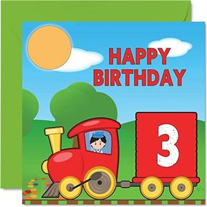 3e verjaardagskaart unisex - trein - gelukkige verjaardagskaart voor 3 jaar oude zoon dochter broer zus kleinzoon kleindochter nichtje neef neef, 145 mm x 145 mm verjaardag wenskaart