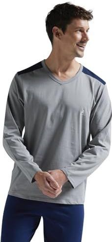 Athena - Lange Pyjamaset - Grijs/Marineblauw - Jersey van 100% Ademend Katoen - T-shirt met Lange Mouwen en Broek