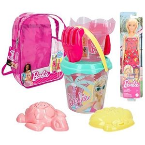 ColorBaby 77387 Barbie strandset voor kinderen, strandemmer met schep, hark, gieter en accessoires, strandrugzak voor meisjes, kinderstrandset, rugzak met speelgoed