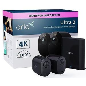 Arlo Ultra 2 draadloze WiFi-beveiligingscamera voor buiten, 4K UHD, 180˚ kleurennachtzicht, sirene, bewegingsdetectie, 2-weg-audio, Smart Hub inbegrepen, incl. proefp. Arlo Secure, 2 cam-kit, zwart