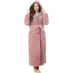 Hellomamma Lange badjas met capuchon voor dames, luxe flanellen fleece, volledige lengte, winter, warm, pyjama, nachthemd voor douche, roze, XL, roze, XL
