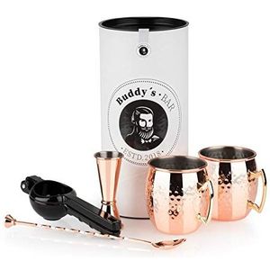 Buddy´s Bar - Moscow Mule complete set, 2 x 500 ml cocktailbeker, 27 cm barlepel, 5 cl barmaat & zwarte limoenpers, geschikt voor levensmiddelen, cocktailkopjes set incl. geschenkdoos, gehamerd koper