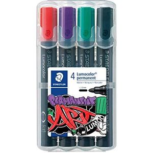 STAEDTLER 352 WP4-1 Lumocolor permanente kunst markers, desktop box van 4 verschillende kleuren, bullet tip