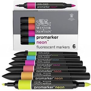 Winsor & Newton 0290136 Promarker neon, professionele layoutmarker - 2 punten, fijn en breed voor tekeningen, ontwerp en lay-outs - Set 6 Neon Markers