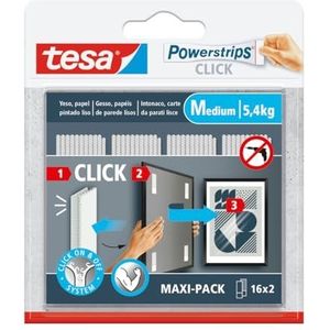 tesa Powerstrips CLICK Zelfklevende haken voor het ophangen van fotolijsten en wanddecoraties zonder boren, zelfklevende strips met in- en uithangsysteem, medium, 16 x 2 stuks