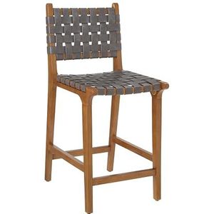 Ball & Cast Woven Counter Stool Kitchen Counter Hoogte Barstool Backrest Wooden Weave Stool, Dark Grey Faux Leather