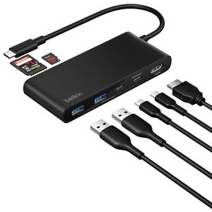 Belkin USB C Hub, 7-poorts USB C Adaptor voor 4K@60Hz HDMI Display, SD + MicroSD, 100W PD, Snelle Gegevensoverdracht (5Gbps), meerpoorts USB Hub - voor MacBook, iPad Pro, Chromebook - HDMI 2.0 - Zwart