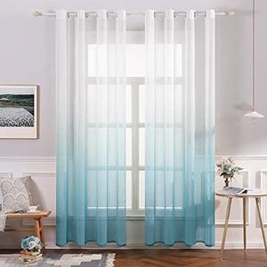 MIULEE Gordijnen transparante gordijnen kleurverloop voile vitrage set van 2 gordijnen met ogen decoratieve vitrage voor slaap- en woonkamer 145 x 140 cm (h x b) wit blauw