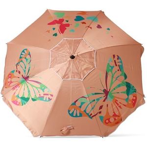 Atosa Strandparasol Ø 180 tot 220 cm, kantelbaar, van aluminium, vlinders met UPF 50+ in verschillende kleuren, Roze, 200 cm, Boheems