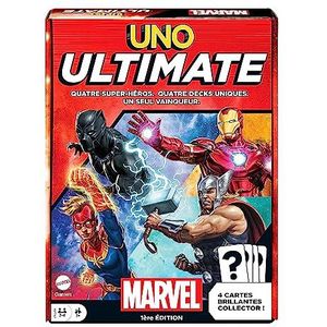 UNO Ultimate Marvel HVM25 Kaartspel, superheldendesign, Captain Marvel, Iron Man, Black Panther, Thor, speciale regels, gevarenkaarten, verzamelfolie-kaarten, vanaf 7 jaar