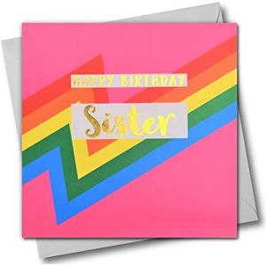Claire Giles Happy Birthday Sister, Pink Colour Bolts, Wenskaart met Tekst Verijdeld in Glanzend Goud, roze|bruin/groen|blauw|oranje