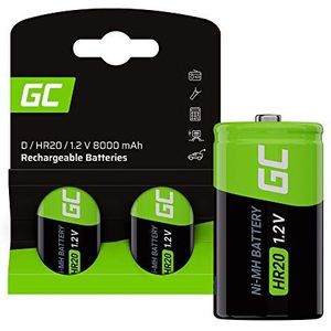 Green Cell 8000 mAh 1,2 V 2 stuks voorgeladen Ni-MH D-accu's - accubatterijen HR20 R20 D-cellen (D), direct te gebruiken, geringe zelfontlading, oplaadbare batterij, zonder geheugeneffect