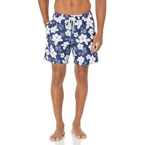 Amazon Essentials Men's Sneldrogende zwembroek met binnenbeenlengte van 18 cm, Marineblauw Hibiscusbloem, L