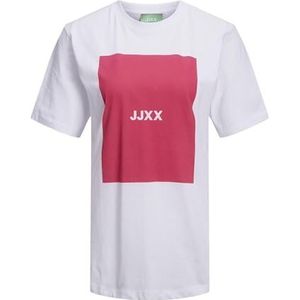 JACK & JONES Dames Jjxx Jxamber Ss Relaxed Tee Noos T-shirt, Helder wit/print: heldere roze vierkant, XL