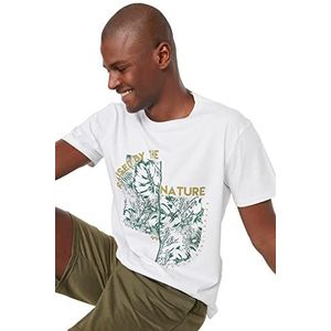 Trendyol Men's ECU T-shirt voor mannen, normale pasvorm, ronde kraag, korte mouwen, print, Ecru, extra large