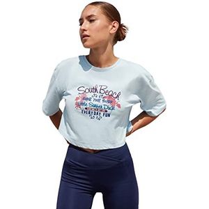 Trendyol Dames Slim Standaard Gebreide T-shirt met ronde hals, Lichtblauw, XL