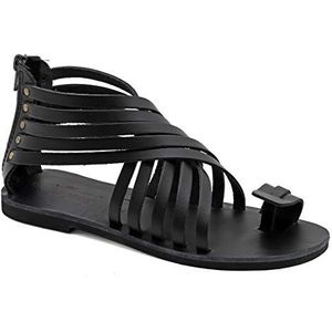 Zwart 38 Emmanuela Gladiator lederen sandalen met ritsschoenen, hoge kwaliteit Griekse handgemaakte zomer schoenen, teenring platte sandalen, boho chic sandalen