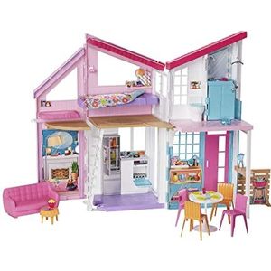 Barbie Villa in Malibu, poppenhuis met 2 verdiepingen en 6 kamers die je naar eigen smaak kunt veranderen, plus meer dan 25 onderdelen, een patiohek en accessoires, voor kinderen vanaf 3 jaar, FXG57