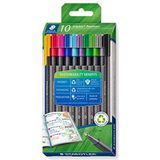 STAEDTLER Driehoekige fineliner triplus, van gerecycled kunststof, superfijne, met metaal gevatte 0,3 mm punt, lange levensduur, 10 fineliners in gesorteerde kleuren in kartonnen etui, 334 RC10