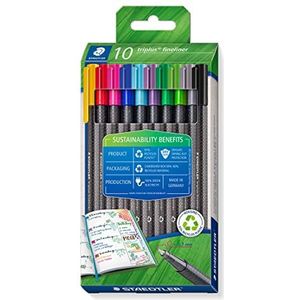 STAEDTLER Driehoekige fineliner triplus, van gerecycled kunststof, superfijne, met metaal gevatte 0,3 mm punt, lange levensduur, 10 fineliners in gesorteerde kleuren in kartonnen etui, 334 RC10