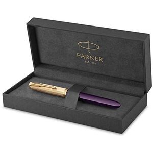 Parker 51 Deluxe vulpen, pruimenlichaam en gouden accenten, fijne veer van 18 karaat goud, zwarte inktpatroon, levering in doos