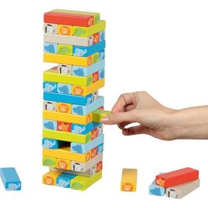 goki 56297 Speeltoren met diermotieven en dobbelstenen met motieven van hout, 55-delig behendigheidsspel voor kinderen